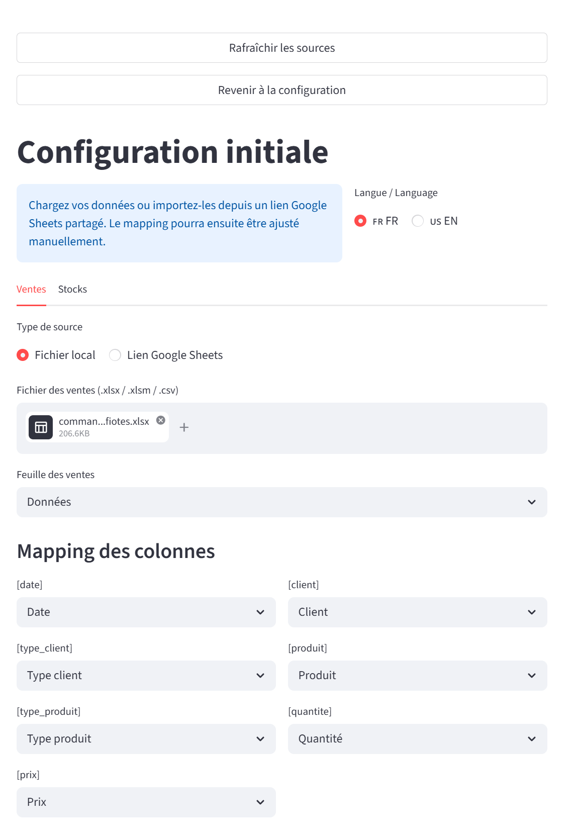 Mapping des colonnes